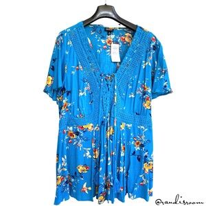 NWT Torrid Women’s Babydoll Crinkle Gauze Crochet Inset Lace-Up Top SZ 0 (L/12)